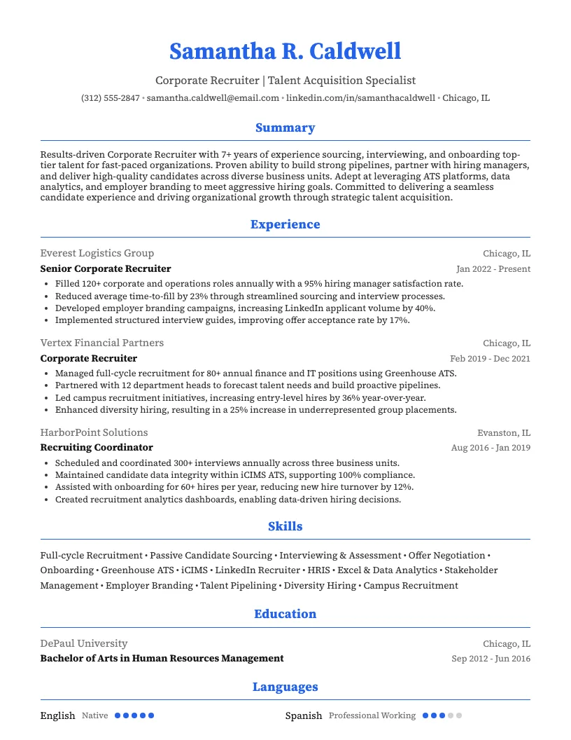 Corporate Recruiter Resume Example