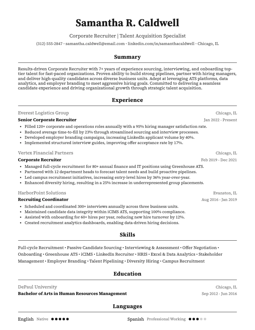 Corporate Recruiter Resume Example