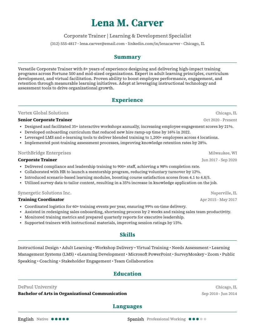 Corporate Trainer Resume Example