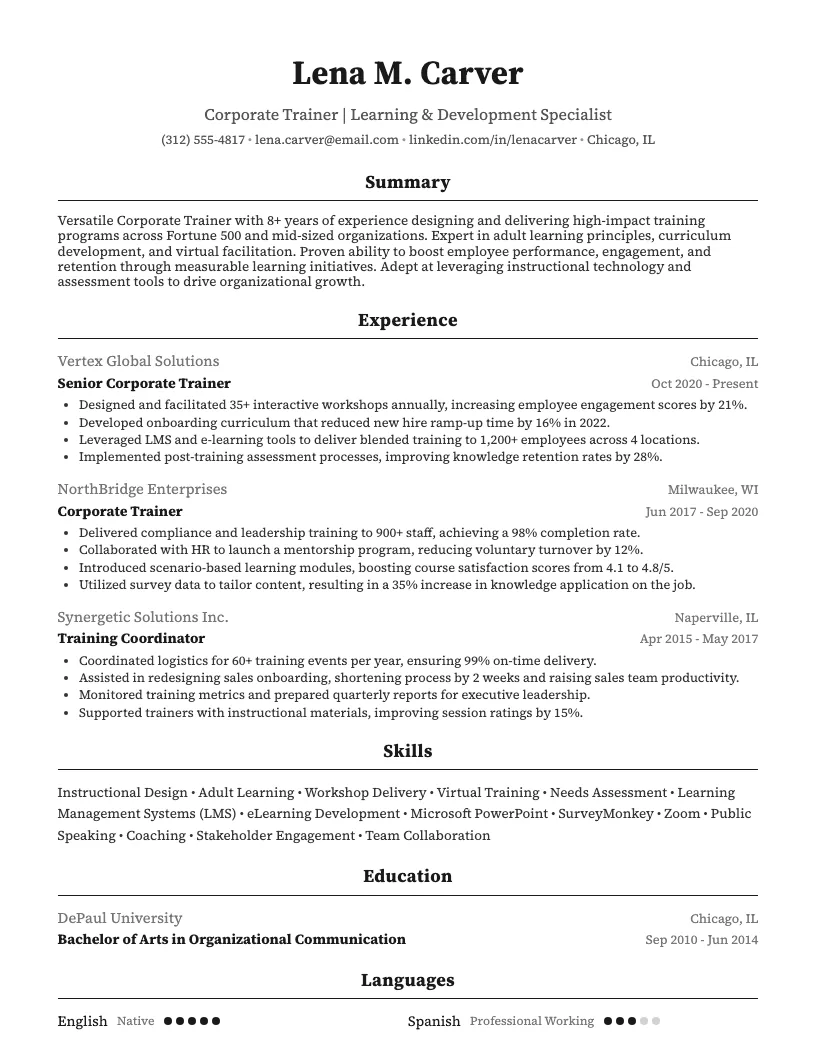 Corporate Trainer Resume Example