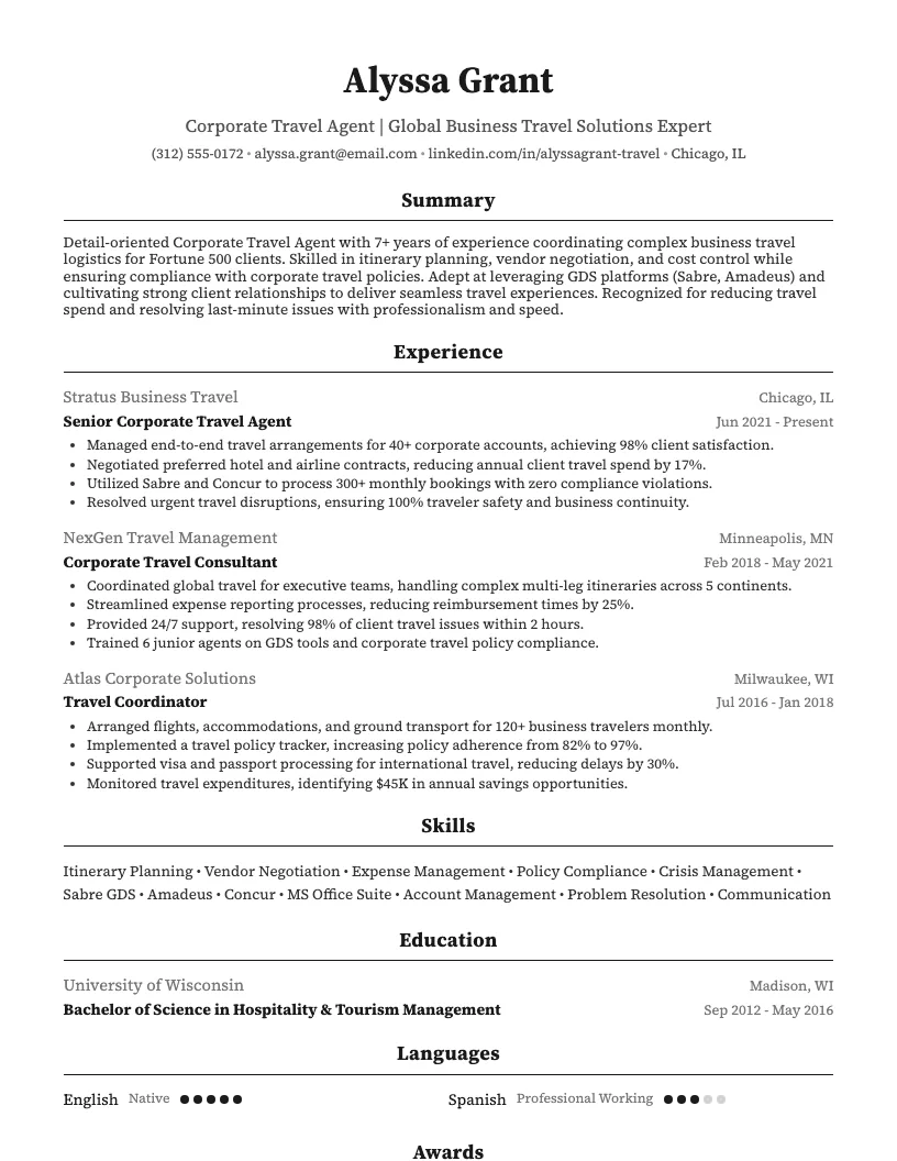 Corporate Travel Agent Resume Example