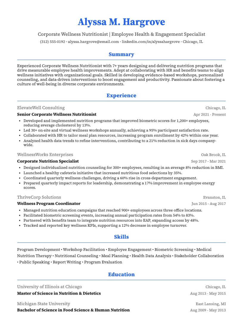 Corporate Wellness Nutritionist Resume Example