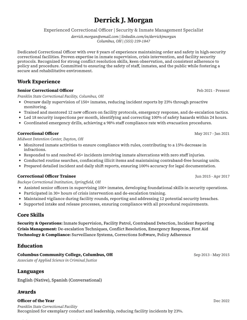 Correctional Officer Resume Example