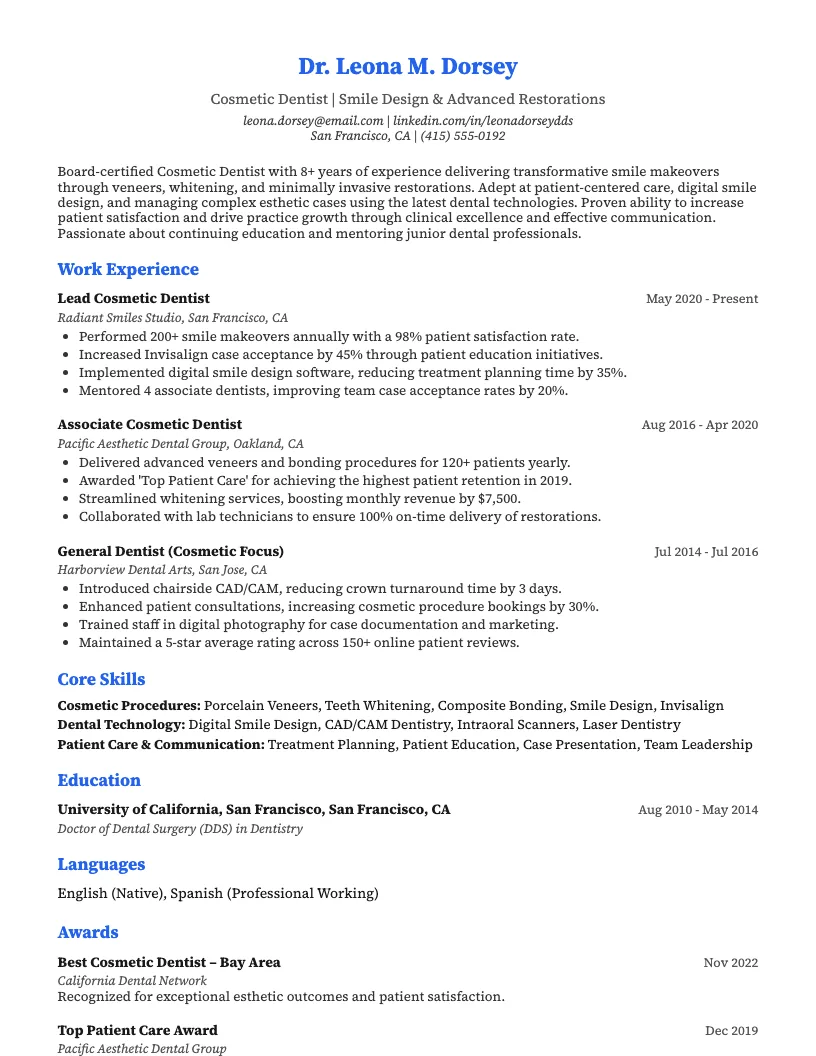 Cosmetic Dentist Resume Example
