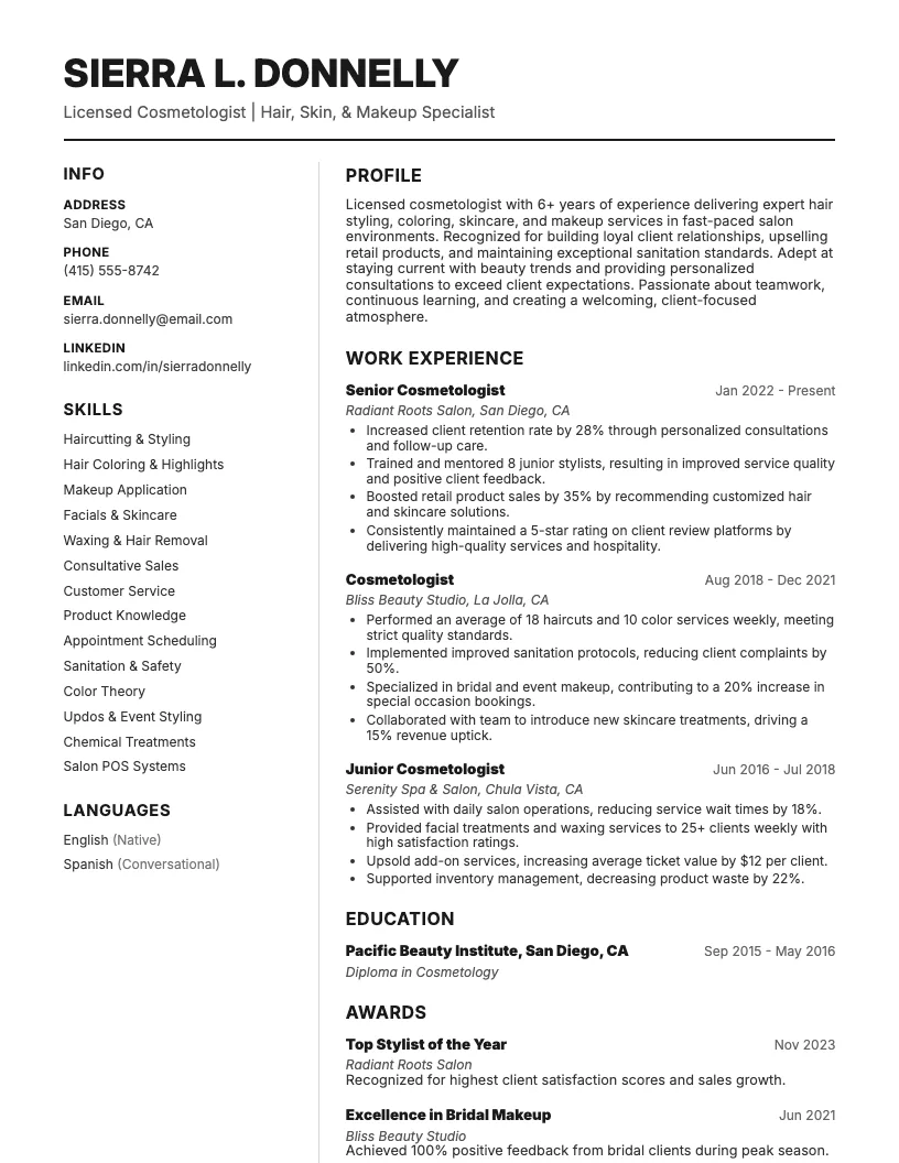 Cosmetologist Resume Example