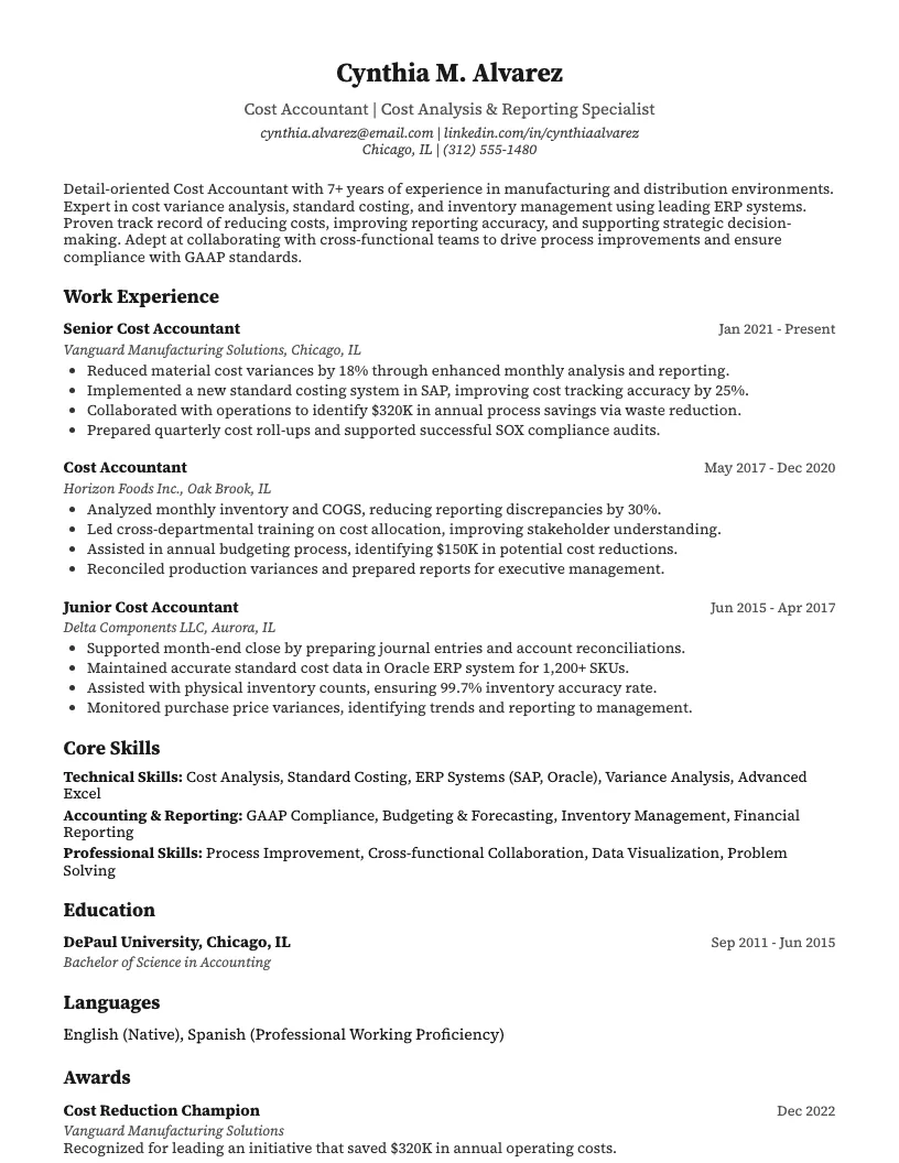 Cost Accountant Resume Example