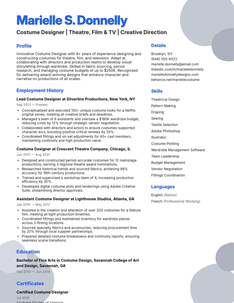 Costume Designer Resume Example