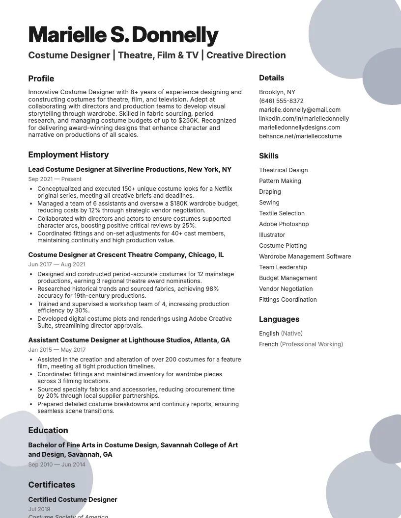 Costume Designer Resume Example