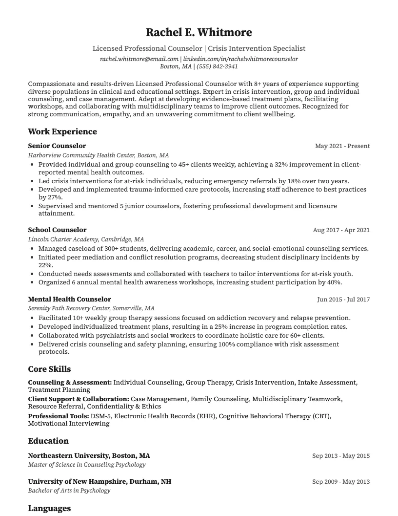 Counselor Resume Example