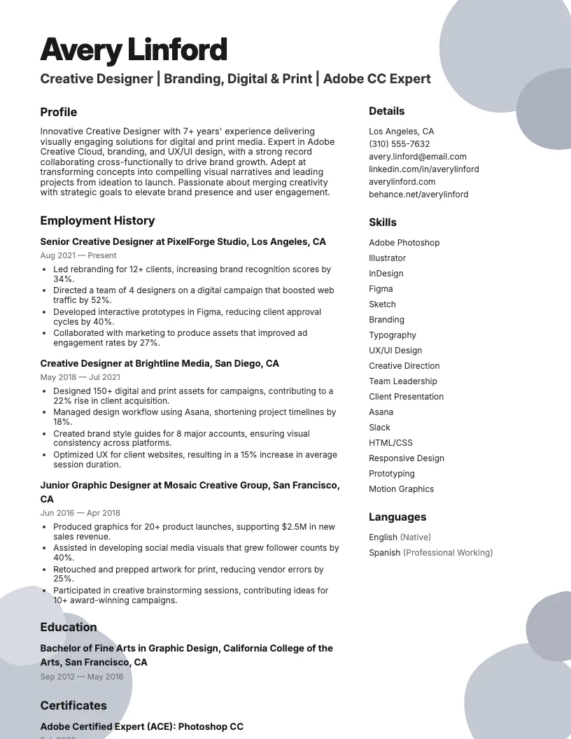 Creative Designer Resume Example
