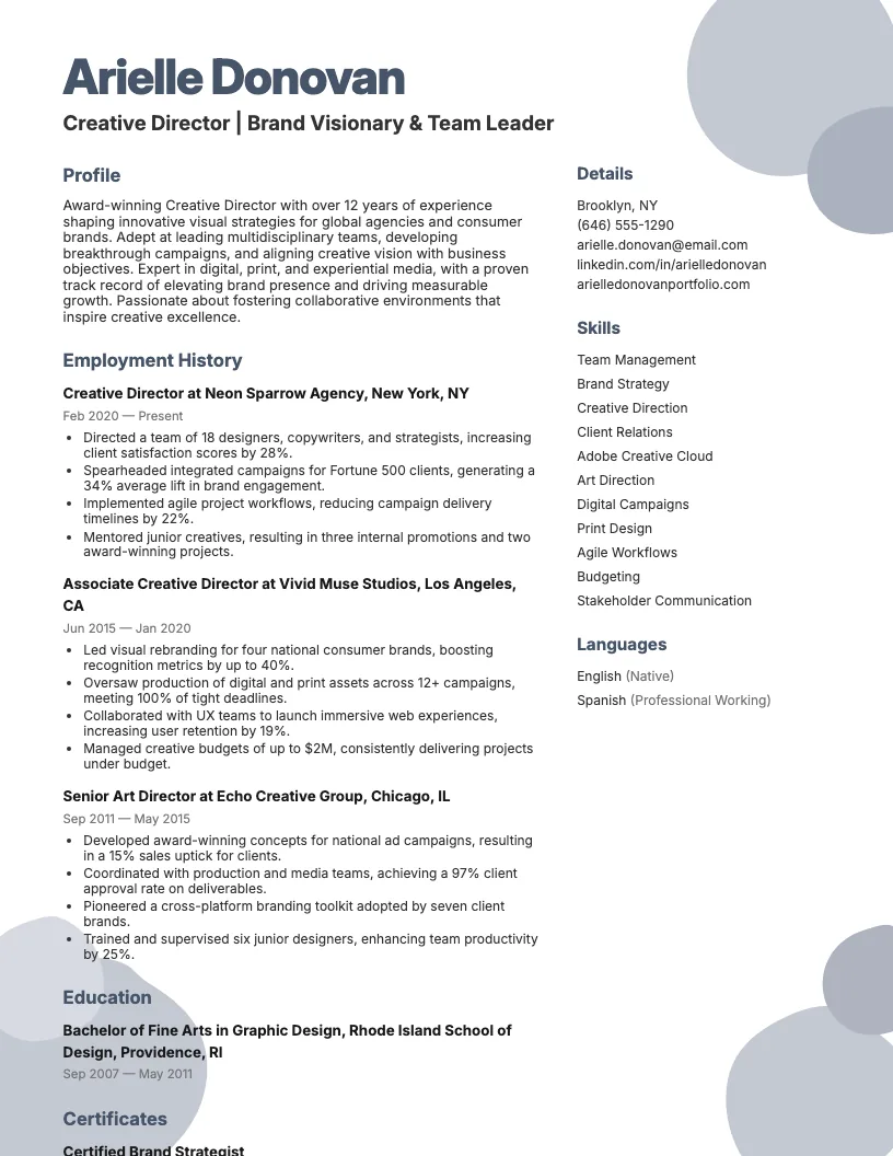 Creative Director Resume Example