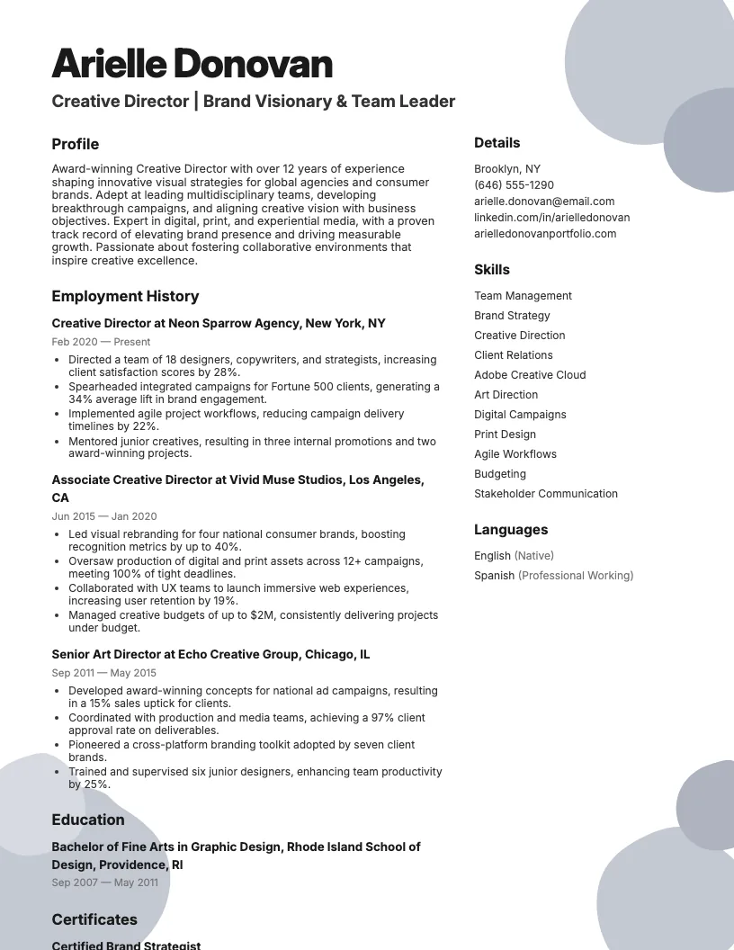 Creative Director Resume Example