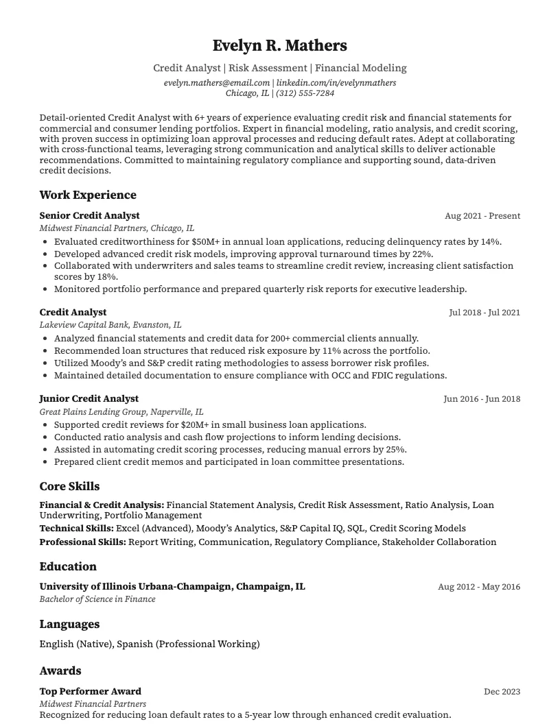 Credit Analyst Resume Example