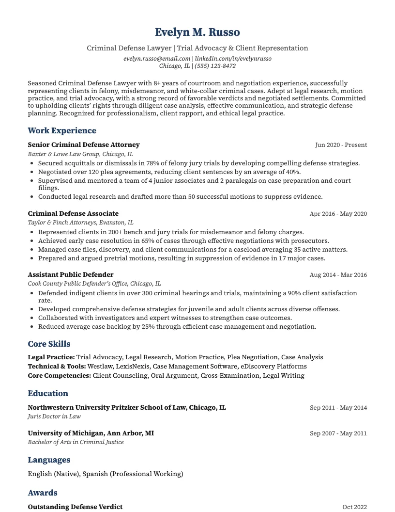 Criminal Defense Lawyer Resume Example