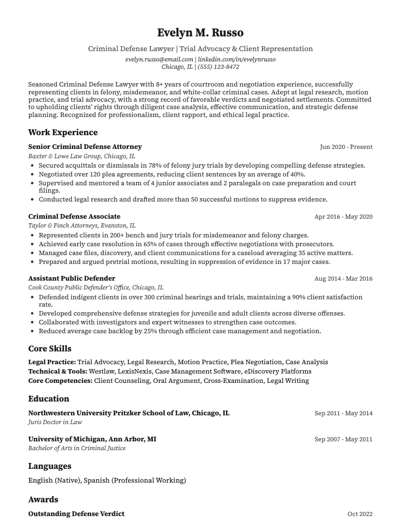 Criminal Defense Lawyer Resume Example