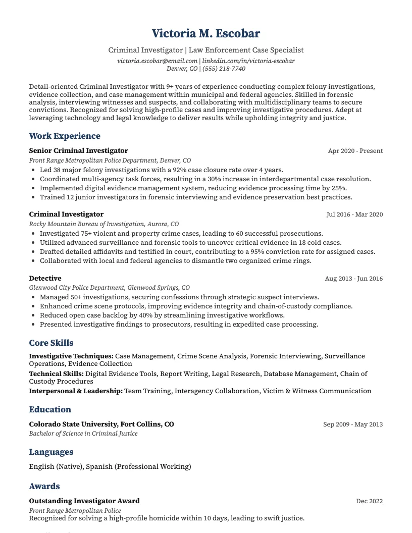 Criminal Investigator Resume Example