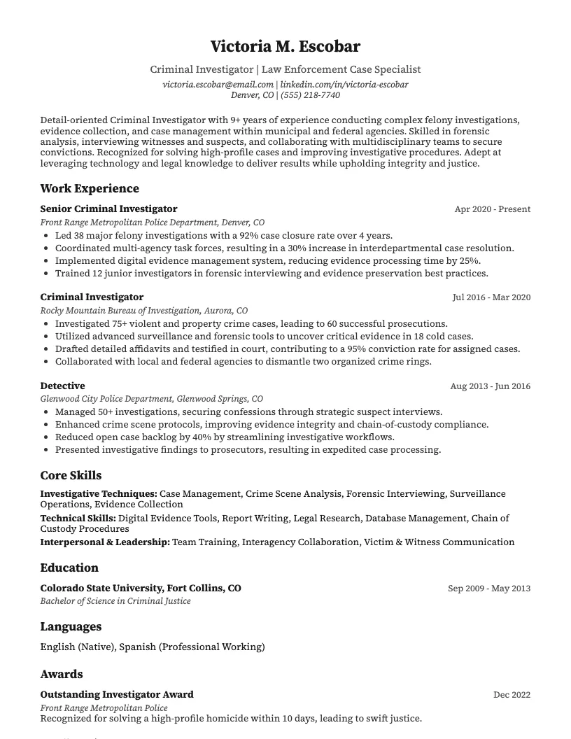 Criminal Investigator Resume Example