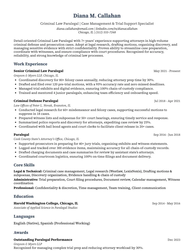 Criminal Law Paralegal Resume Example