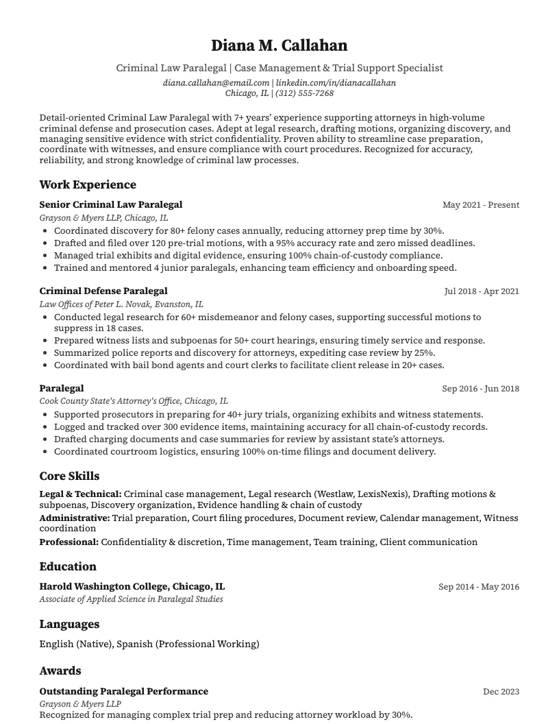 Criminal Law Paralegal Resume Example