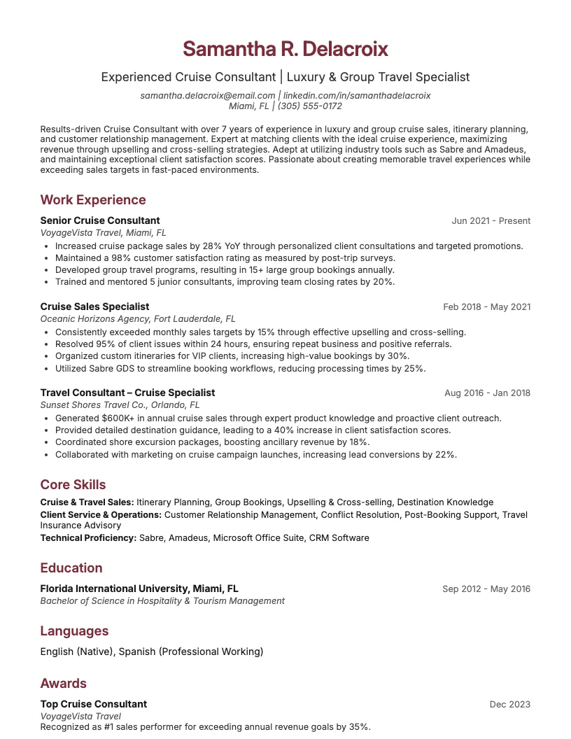 Cruise Consultant Resume Example