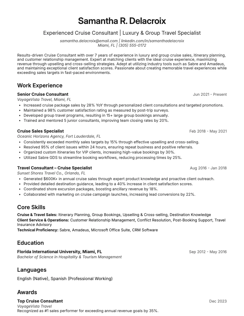 Cruise Consultant Resume Example