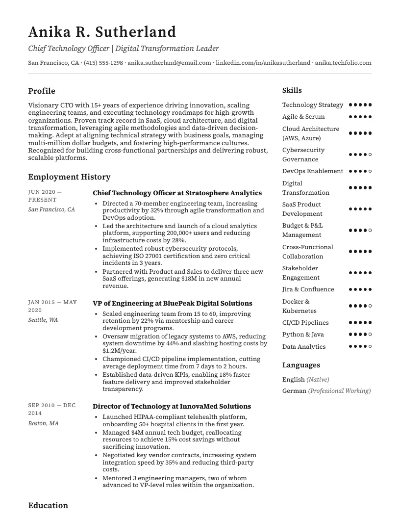 Cto Resume Example