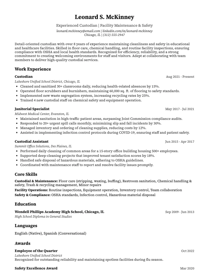 Custodian Resume Example