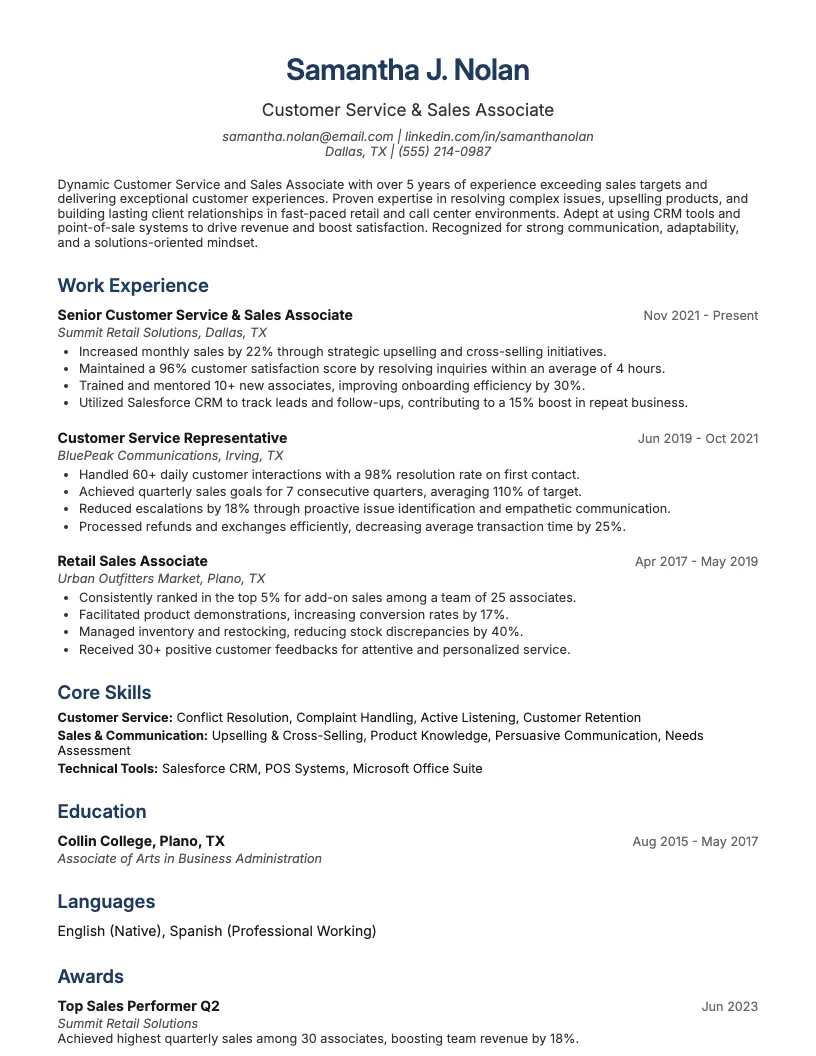 Customer Service and Sales Associate Resume Example