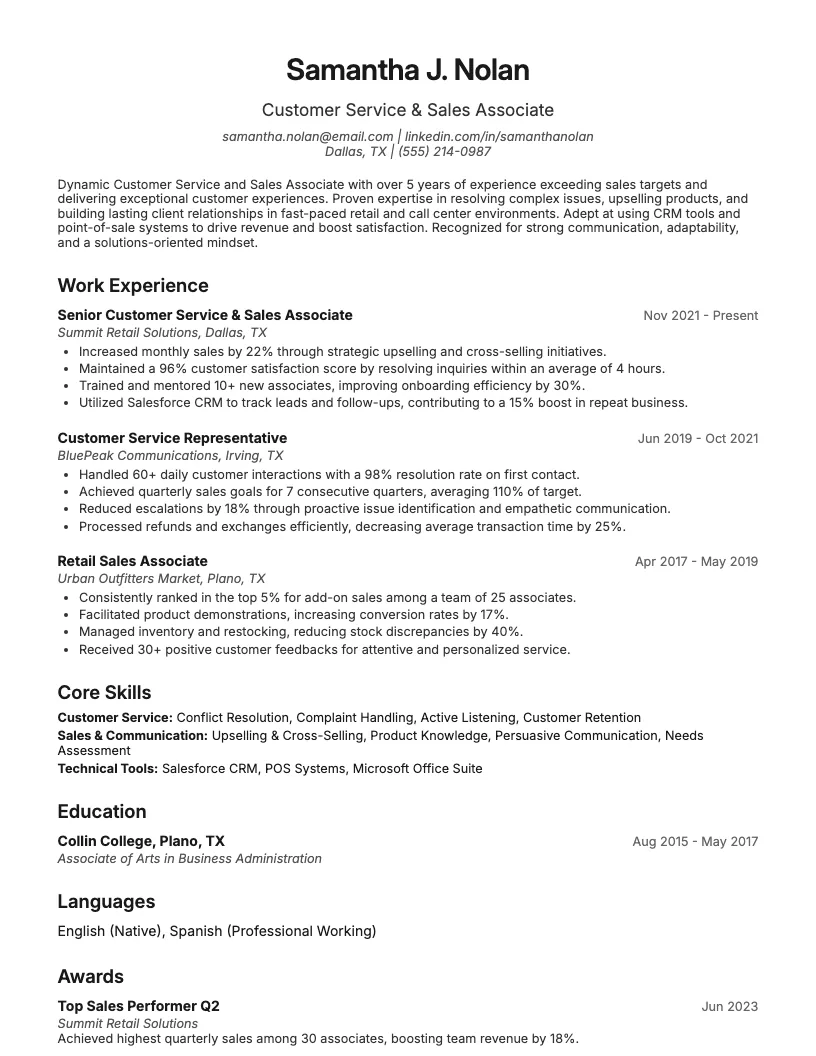 Customer Service And Sales Associate Resume Example