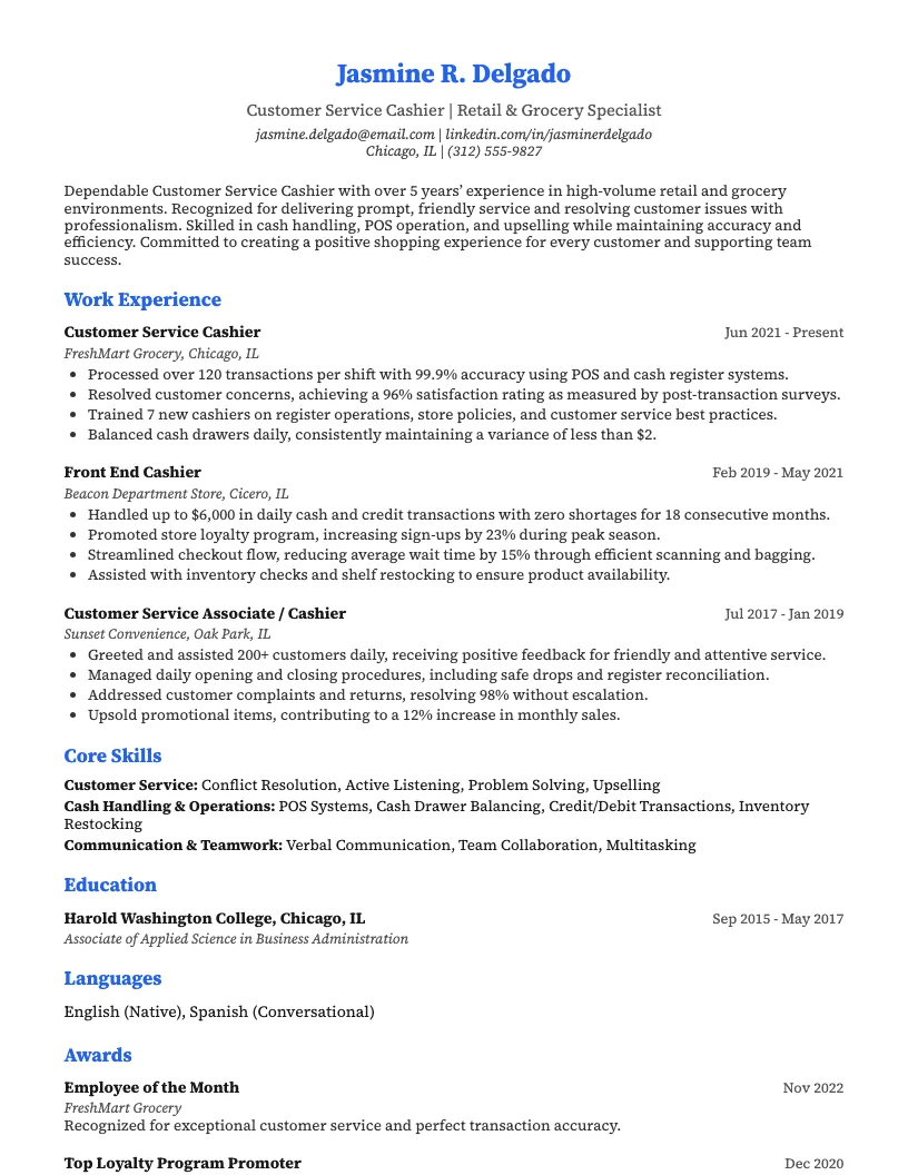 Customer Service Cashier Resume Example