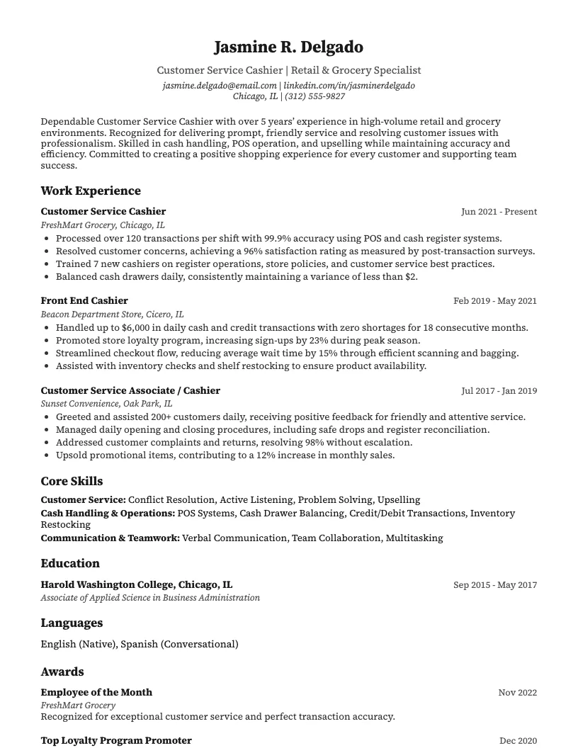 Customer Service Cashier Resume Example