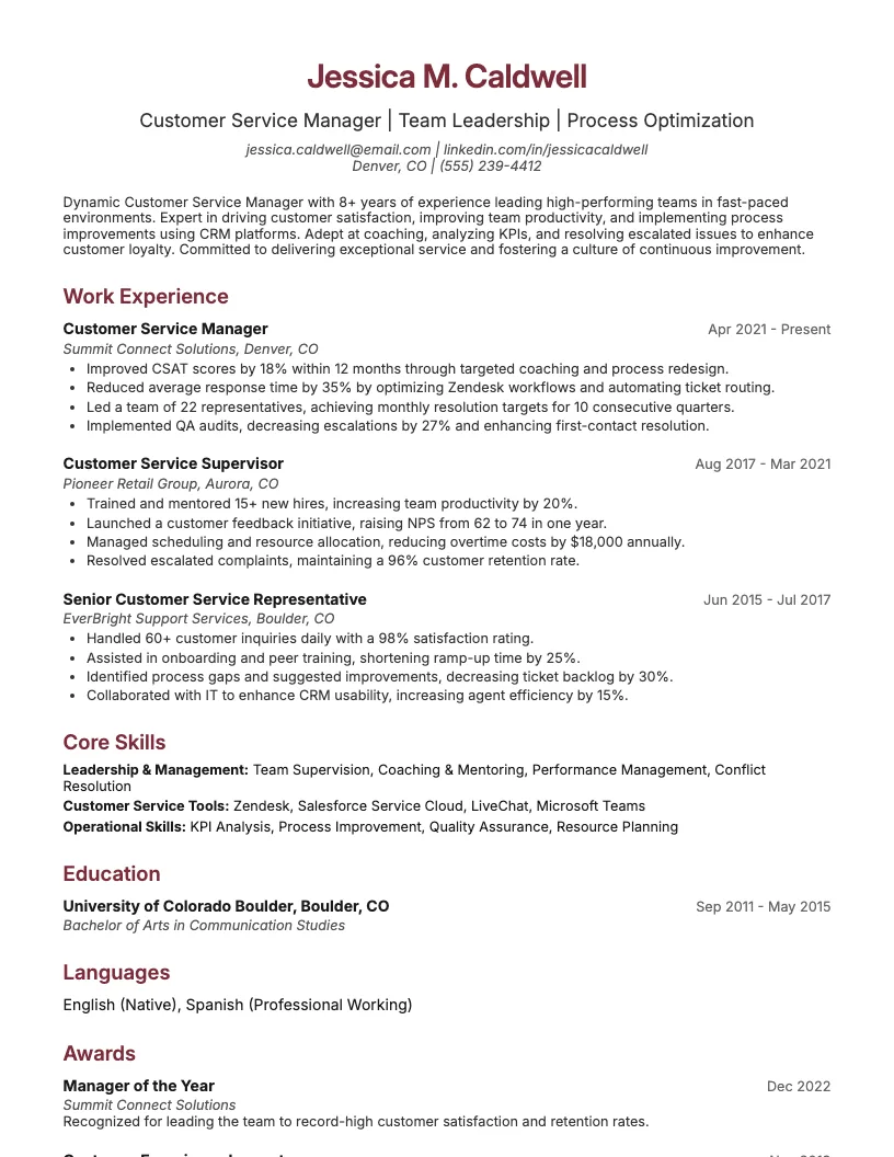 Customer Service Manager Resume Example