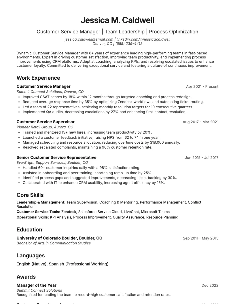 Customer Service Manager Resume Example