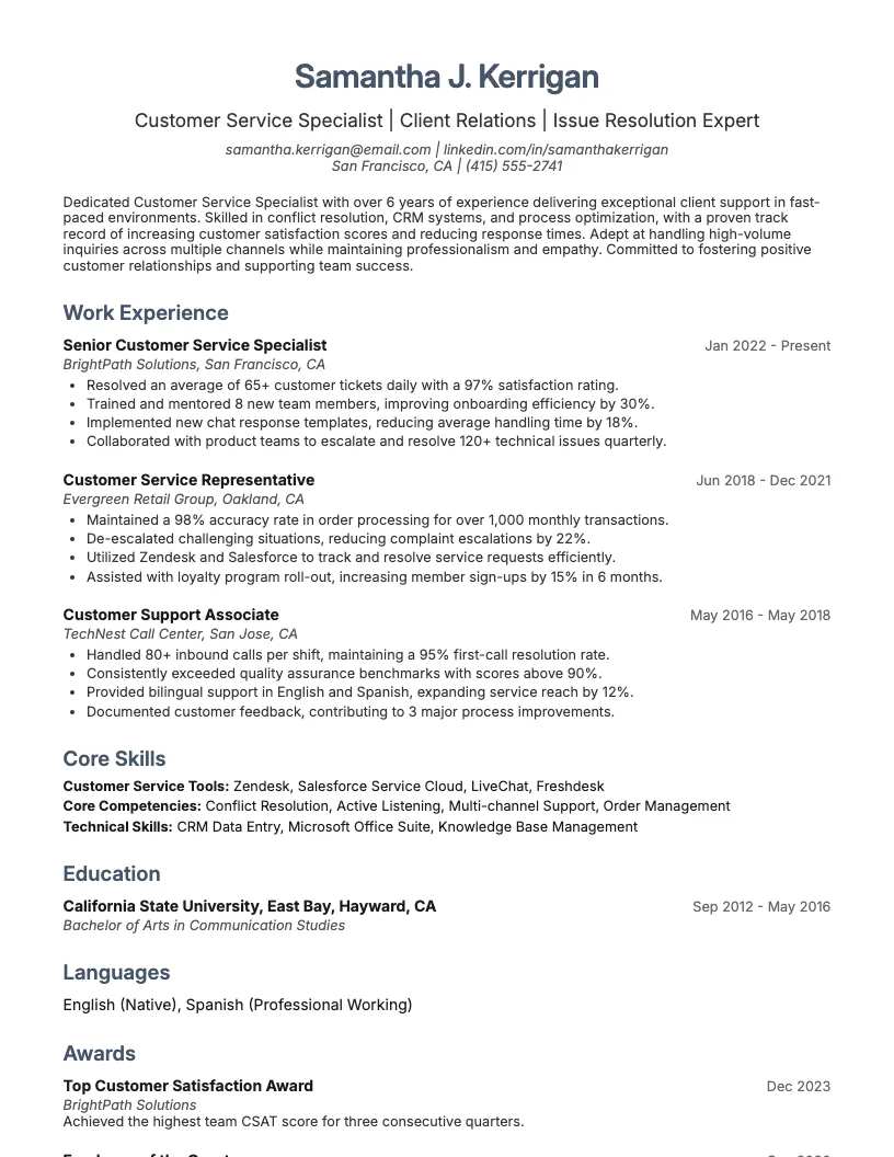 Customer Service Specialist Resume Example