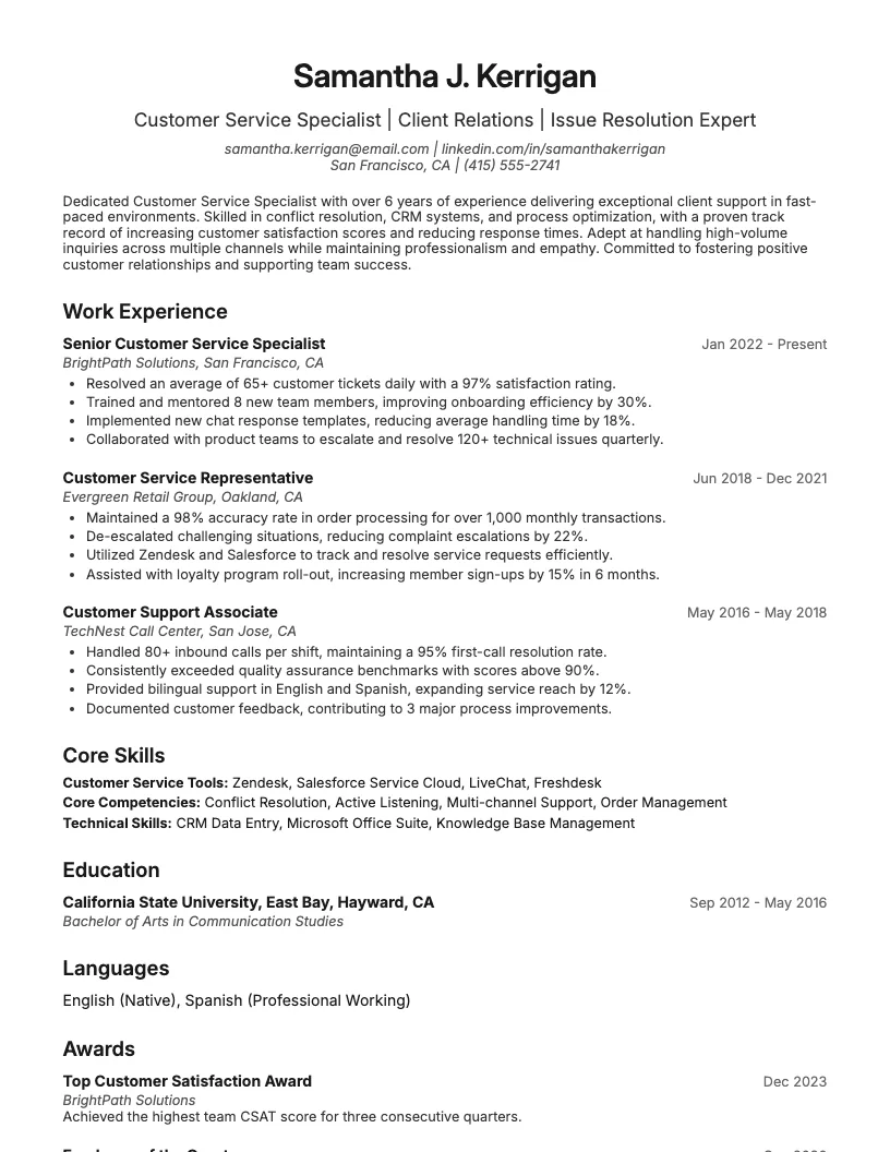 Customer Service Specialist Resume Example