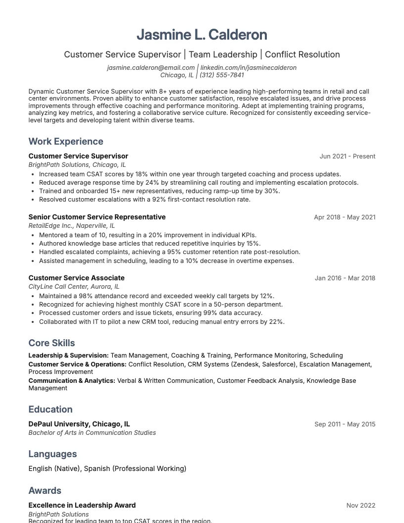 Customer Service Supervisor Resume Example