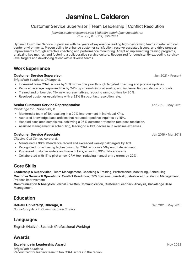 Customer Service Supervisor Resume Example