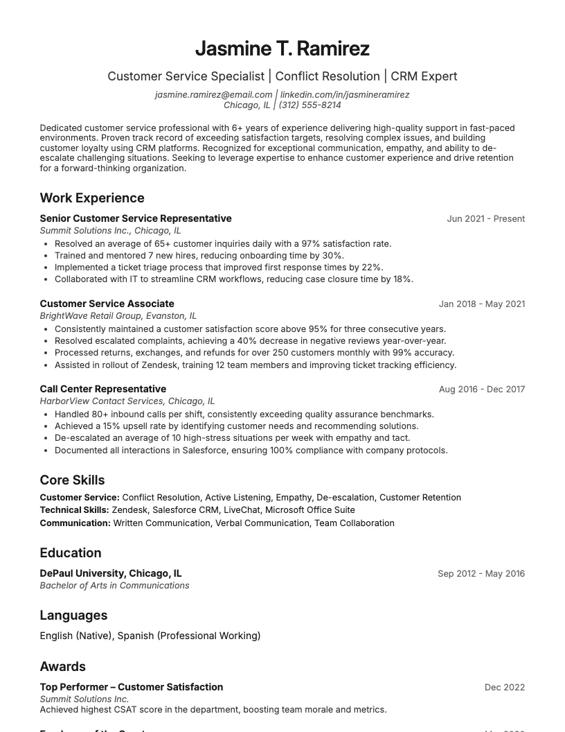 Customer Service resume example