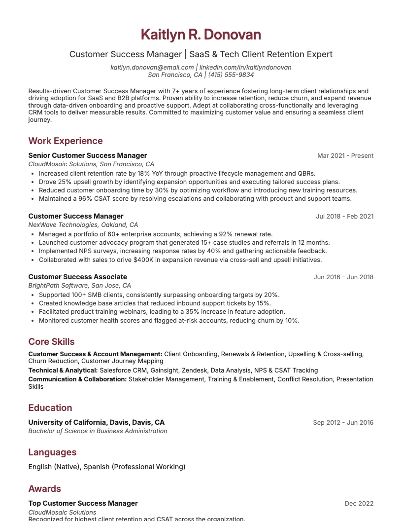 Customer Success Manager Resume Example