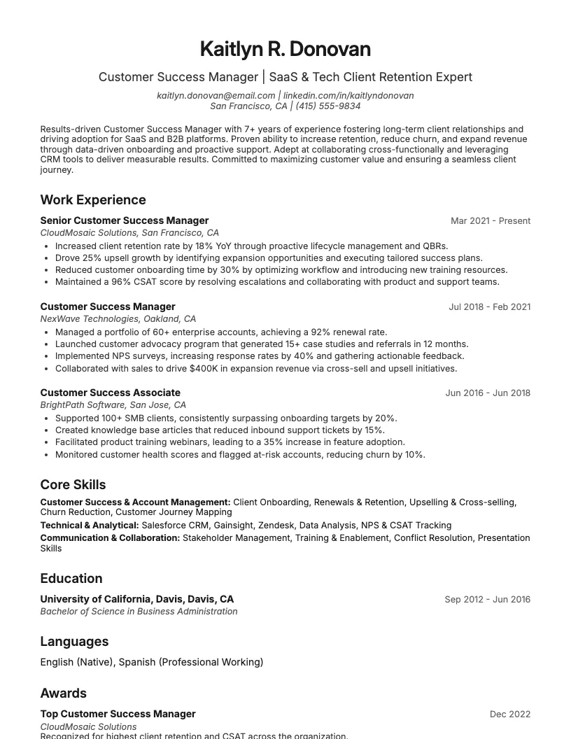 Customer Success Manager Resume Example