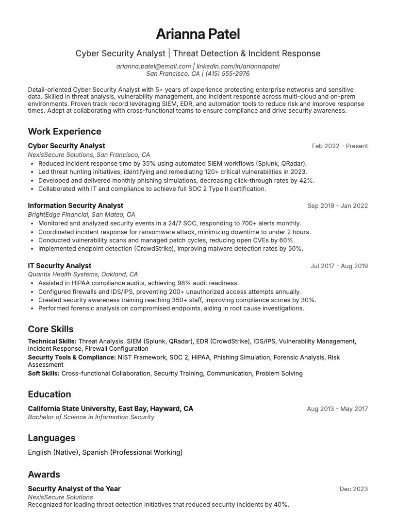 Cyber Security Analyst Resume Example