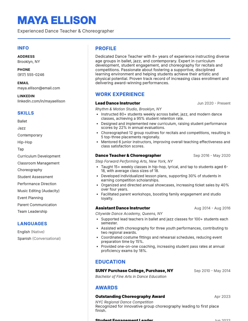 Dance Teacher Resume Example