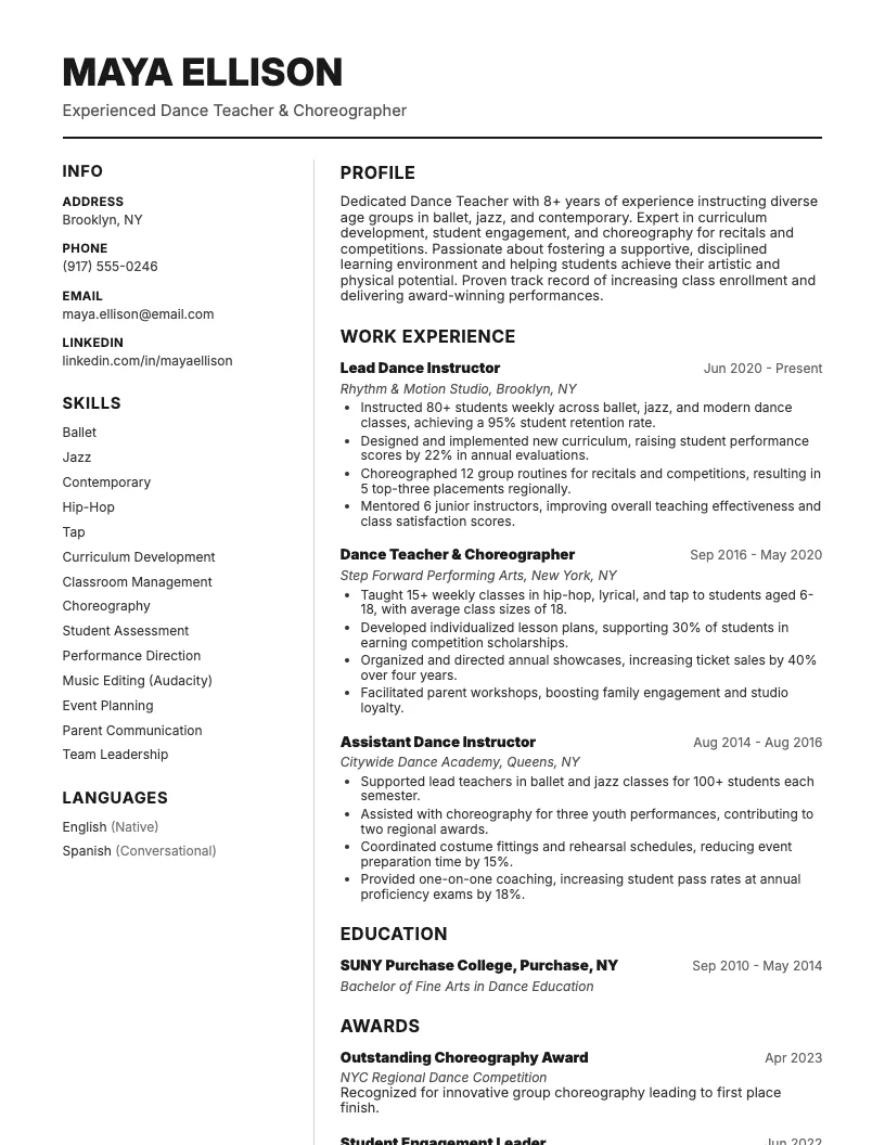 Dance Teacher Resume Example