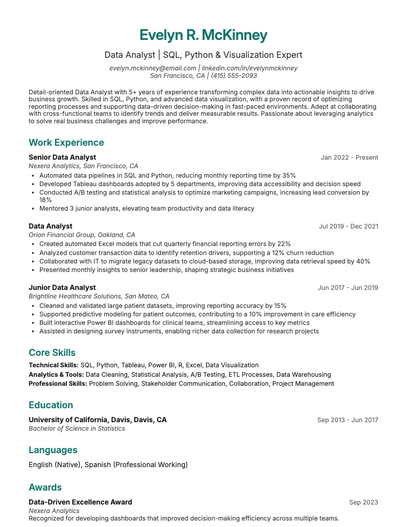 Data Analytics Intern Resume Example