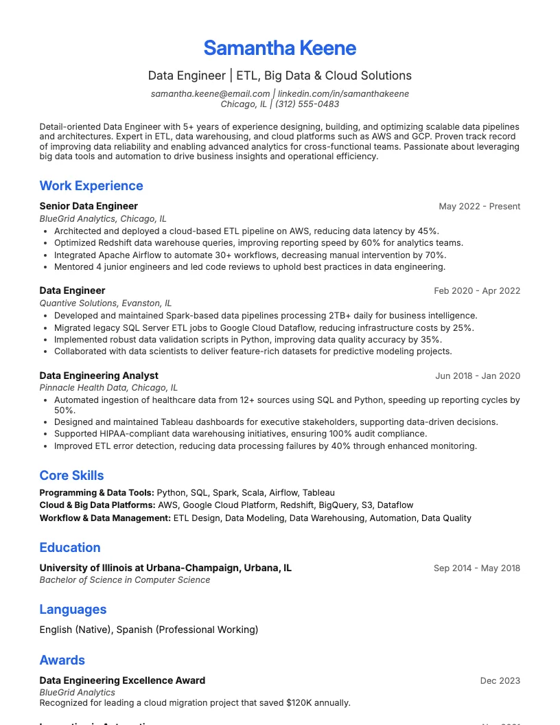 Data Engineer resume example