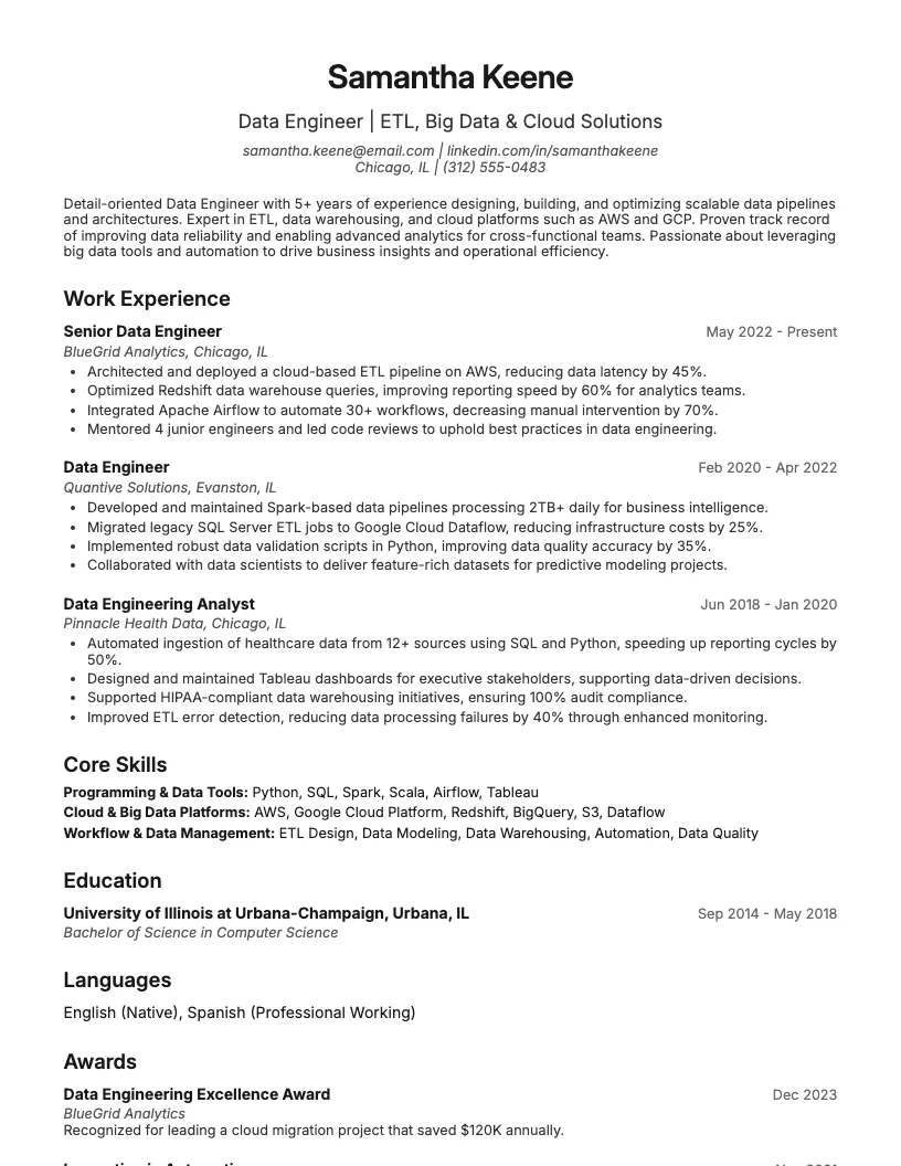 Data Engineer Resume Example