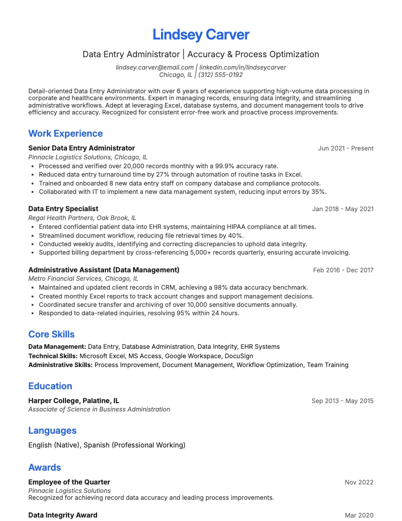 Data Processor Resume Example