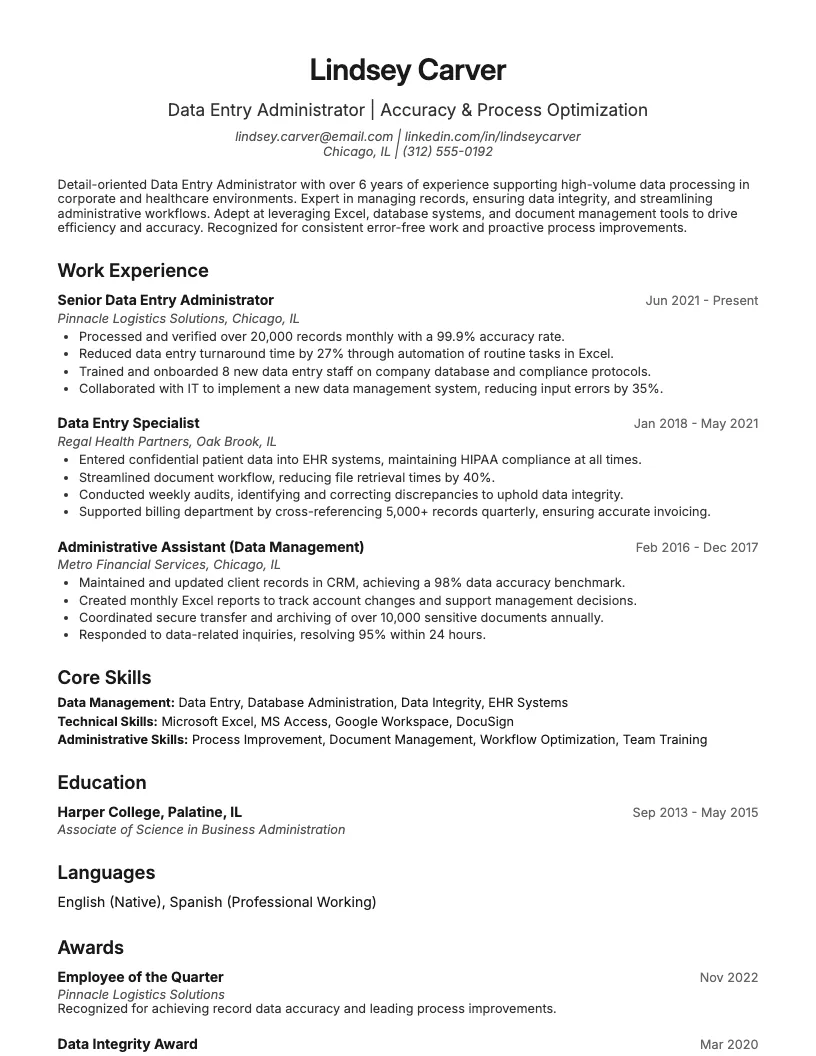Data Input Operator Resume Example