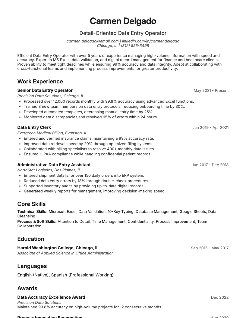Data Entry Operator Resume Example
