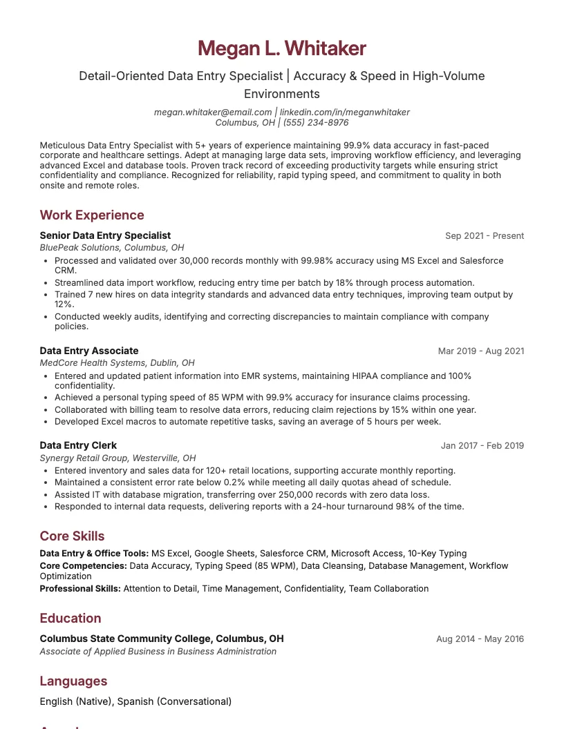 Data Entry Specialist Resume Example